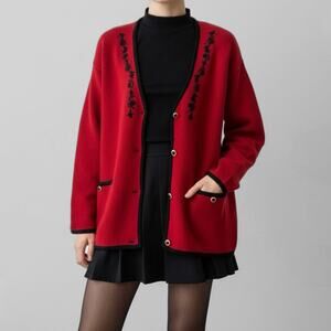 Vintage Wool Embroidered Cardigan Sweater Red Christmas Festive Holiday S/P